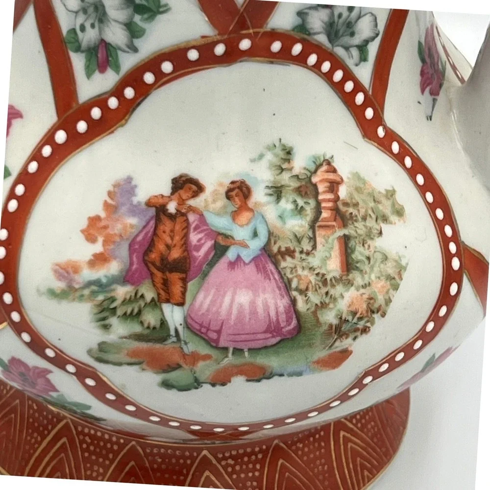 Limoges China Pitcher and Basin Set Large White Red Gold NWOT Courting‎ Couple